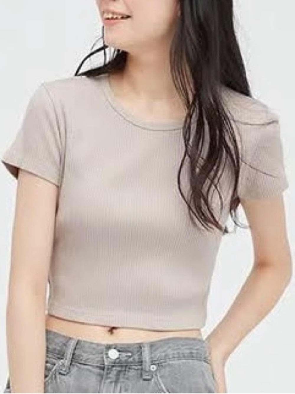 Uniqlo Women's Beige Soft Ribbed Short Sleeve Crop Top